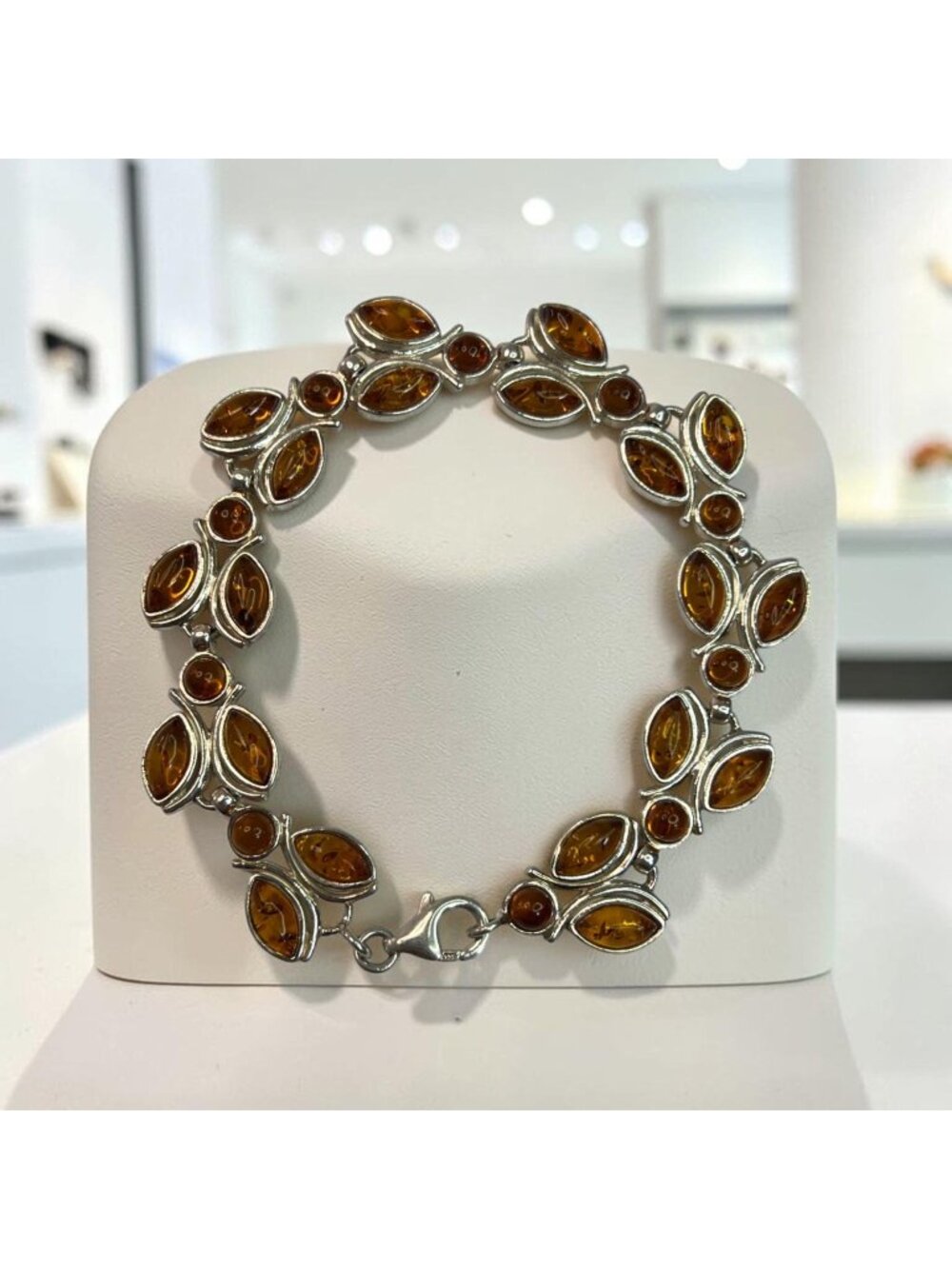 Sterling Silver & Amber Womens Bracelet 7" Floral Design Fine Jewelry
